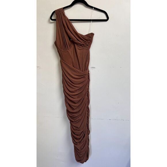 HOUSE OF CB Valentina One-Shoulder Midi Dress Womens Small Mocha Asymmetric Cut - Picture 2 of 7